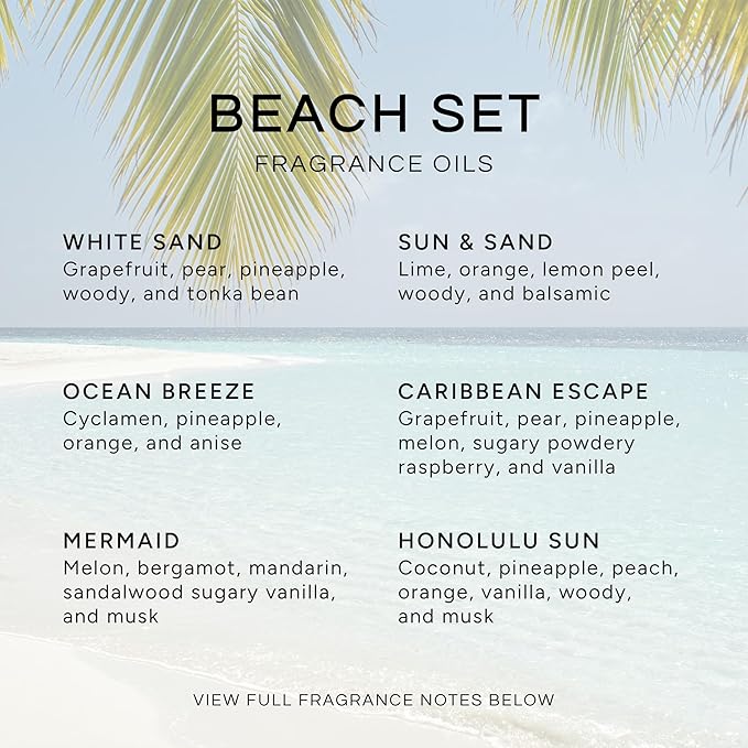 Eternal Essence Oils Beach Set of 6 Premium Fragrance Oils - Includes White Sand, Ocean Breeze, Honolulu Sun, Mermaid, Caribbean Escape, and Sun & Sand Scented Oils - 10ML - Bloomnest