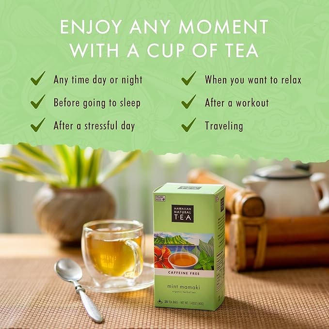 Hawaiian Natural Tea Organic Mamaki Mint Tea Blend - Caffeine Free, Herbal, Antioxidant-Rich For Calming, Wellness, Bedtime, Anxiety & Stress - Gift for Special Ocassions, 20 Bags - Bloomnest