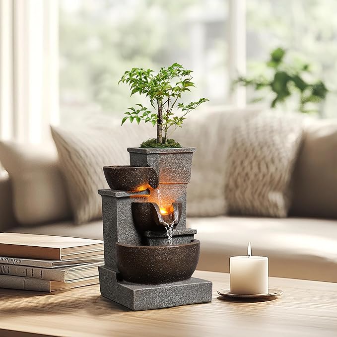 Tabletop Waterfall Fountain, Three Bowls Cascading Indoor Zen Fountain with LED Lights Natural Stones Perfect for Home, Office, Yoga Pump Included（22025N） - Bloomnest