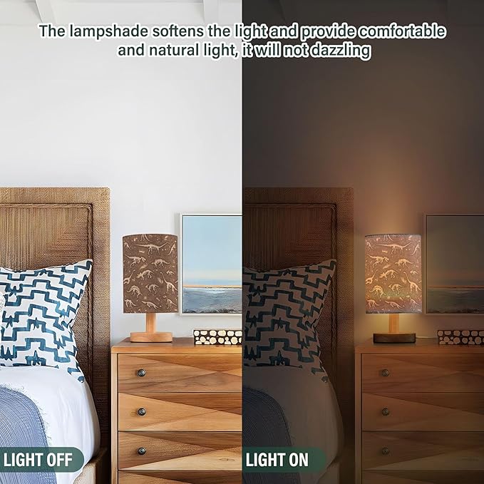 Table Lamp Dinosaur Fossil Dino Skeletons Pattern Nightstand Lamp with Wood Base Fabric Lamp Shade Bedside Desk Lamp for Living Room Bedroom Kids Room Office - Bloomnest