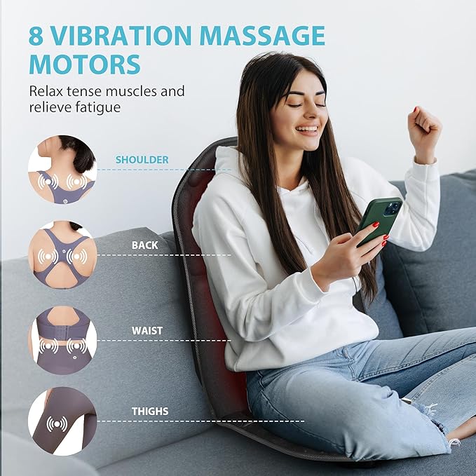 Back Massager with Heat - Massage Chair Pad Mat with 8 Vibrating Motors, Work from Home Essentials, Christmas Birthday Gifts for Husband Him Men, Massage Seat Cushion for Home Office Use - Bloomnest