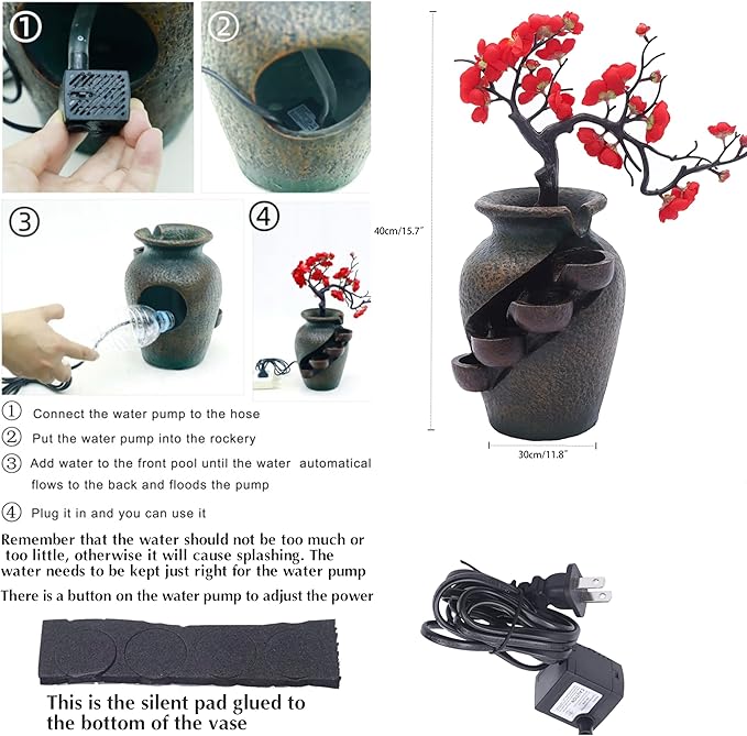 16" Flower Ornament Vase Decorative Bonsai Mini Tabletop Waterfall Fountain Indoor with Water Flow & Artificial Bouquet, Desktop Water Fountains Restaurant Coffee Home Decor or Festival Birthday Gift - Bloomnest