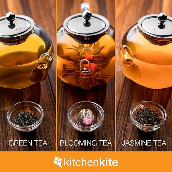 Glass Teapot Set with 4 Double Wall Teacups & Removable Stainless Steel Infuser - Microwave Dishwasher Safe Clear Blooming Loose Leaf Teas, Tea Maker Gift - Bloomnest