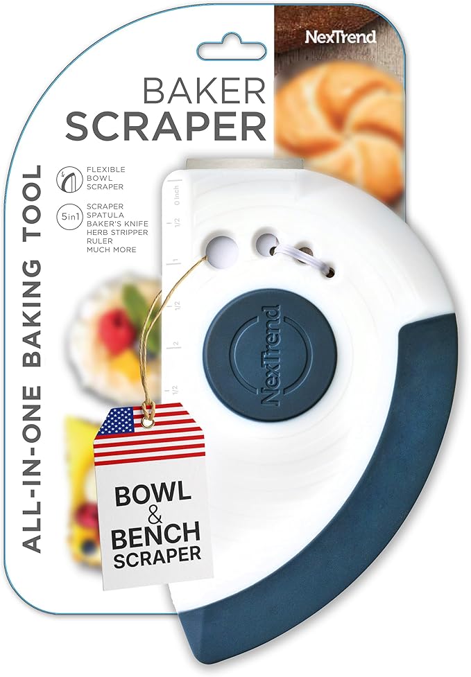 Nextrend BakerScraper – 5-in-1 Flexible Bowl Scraper, Bench Scraper and Dough Scraper with Stainless Steel Edge, Ruler & Herb Stripper – BPA Free, Dishwasher Safe - Blue - Bloomnest