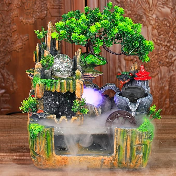 Indoor Fountain Rockery Tabletop Fountain with an Atomizer Elaxation and LED Light Water Feature Meditation Desktop Fountains for Home Office Decor or Gift 11.81''L x 7.09''W x 12.99''H