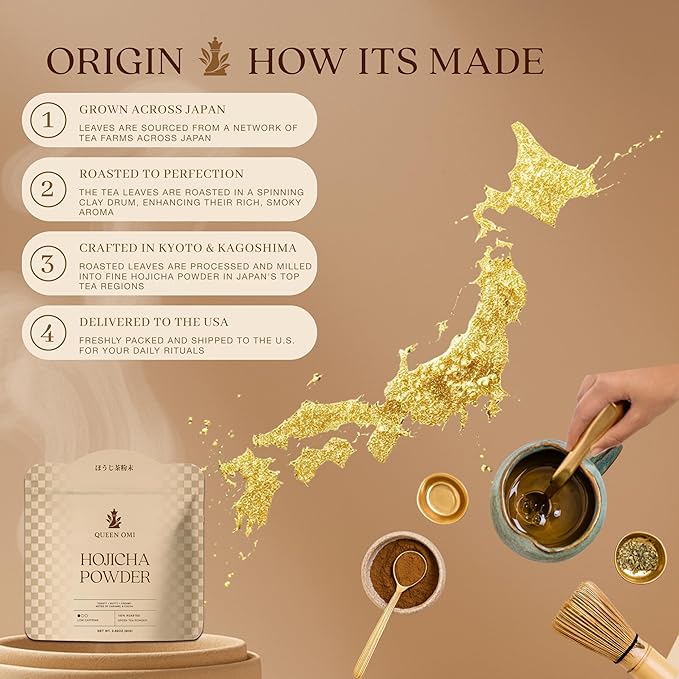 Queen Omi Organic Hojicha Powder | 100% Organic Japanese Roasted Green Tea Powder—Matcha & Coffee Alternative | Low Caffeine, Antioxidant-Rich, Smooth, Toasty, Nutty Flavor | 80g - Bloomnest