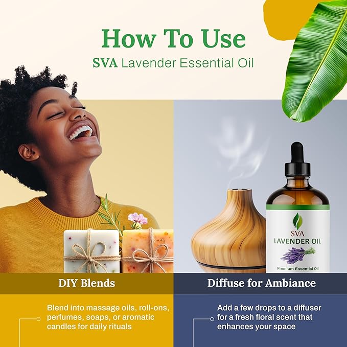 SVA Lavender Essential Oil – 4 Fl Oz – 100% Natural Lavender Oil - for Diffuser, Hair Care, Face, Skin Care, Aromatherapy, Scalp and Body Massage, Soap and Candle Making – with Dropper - Bloomnest