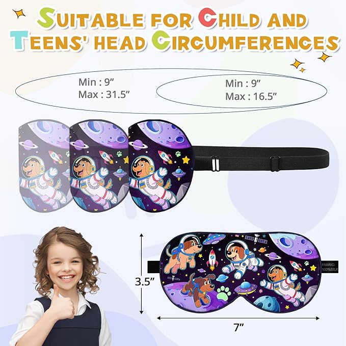 Silk Kids Sleep Mask: 100% Mulberry Silk Eye Mask, Sleeping Masks with Adjustable Strap, Soft & Light-Blocking Printed Kid Eye Cover for Boys Girls Teens Aged 5-15 (Space Dog Theme) - Bloomnest