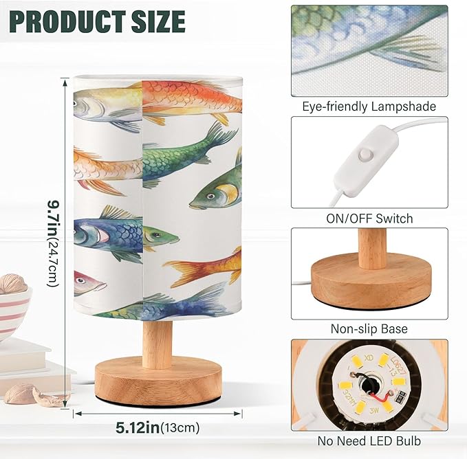 Fishing Watercolor Table Lamp with USB Port Night Light Bedroom Lamps for Nightstand Living Room Dorm Home Office Desk - Bloomnest