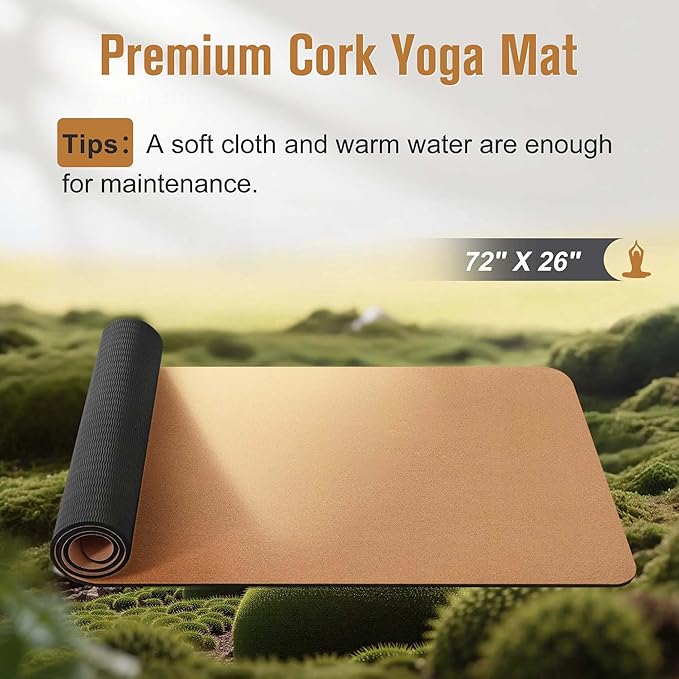 Premium Cork Yoga Mat 1/4 & 2/5 Inch Thick 72 x 26 in, Thick Cork and TPE Non Slip Yoga Mats for Women Men, Sweat Proof Eco-friendly, Great for Hot Yoga & Workouts - Bloomnest