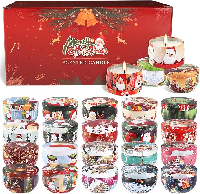 24Pack Christmas Scented Candle Tins Gift Set - Soy Wax Festive Aromatherapy Candles 2.5oz- Smokeless Long Lasting Burn time for Christmas Gifts Holiday Decor & Gifting. - Bloomnest