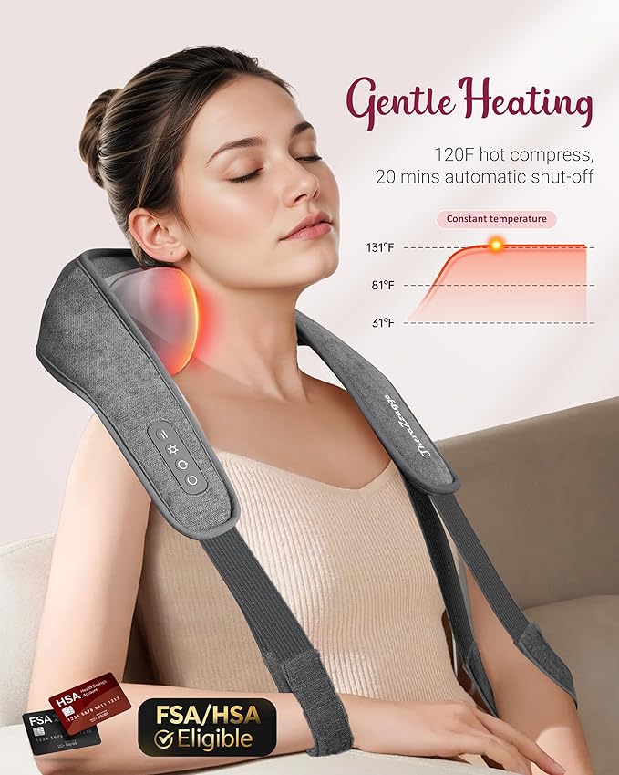 Cordless Neck Massager with Heat - FSA Eligible HSA Neck Shoulder Massager for Pain Relief Deep Tissue,6D Deep Kneading Shiatsu Back Massage, Gifts for Fathers Men Women - Bloomnest