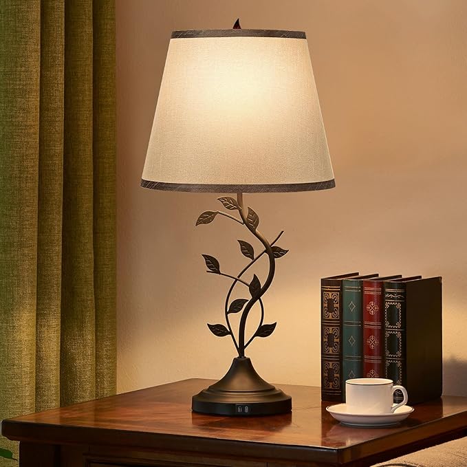Kakanuo Table Bedside Lamp with USB C Charging Port, Grey Traditional Nightstand Lamp for Living Room, Desk Lamp Large Retro Table Lamp for Bedroom - Bloomnest