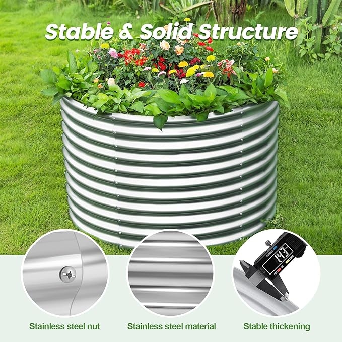Land Guard 4×4×3ft Galvanized Raised Garden Bed Kit, Round Galvanized Planter Raised Garden Boxes Outdoor, Large Metal Raised Garden Beds for Vegetables, Silver - Bloomnest