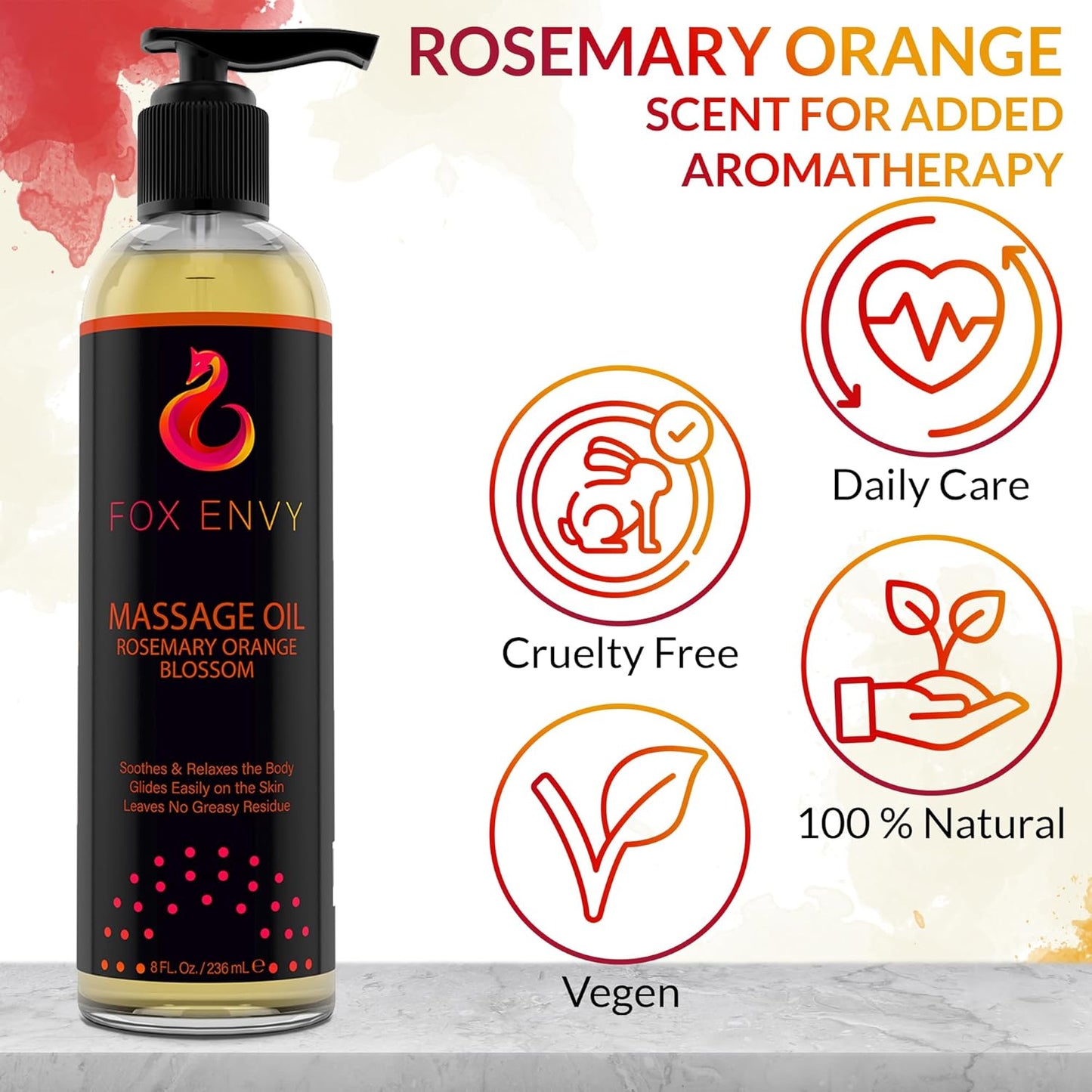 Massage Oil for Couples, Women & Men (1 Bottle, 8 fl oz) - Fox Envy Orange Blossom with Rosemary Scented Sensual Oil with Coconut Oil & Jojoba Oil - Enhances Stimulation for The Body & Muscles