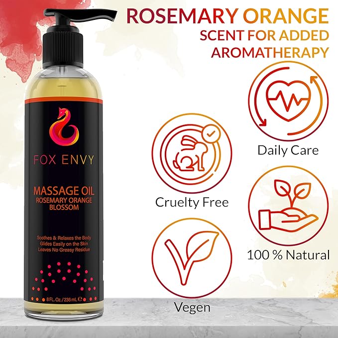 Massage Oil for Couples, Women & Men (1 Bottle, 8 fl oz) - Fox Envy Orange Blossom with Rosemary Scented Sensual Oil with Coconut Oil & Jojoba Oil - Enhances Stimulation for The Body & Muscles - Bloomnest