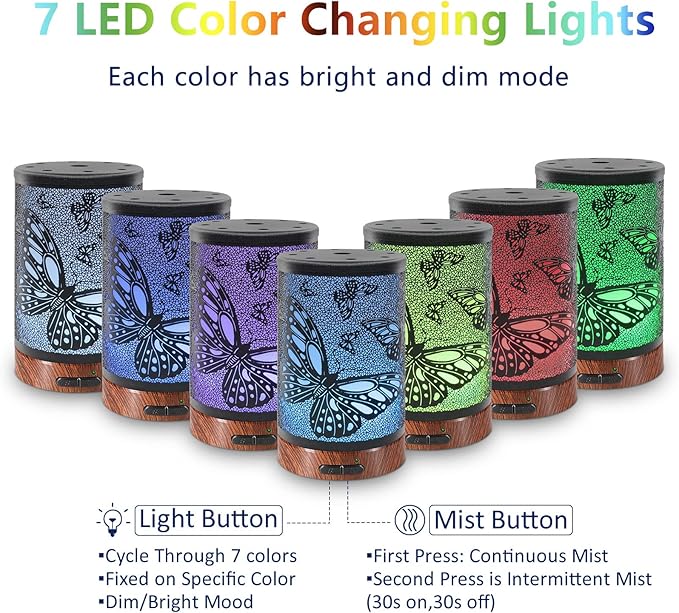 EQUSUPRO Essential Oil Diffuser 150ml Black Metal Aromatherapy Oil Diffuser Ultrasonic Cool Mist Diffuser with Auto Shut-Off Protection,7 Colors Changed LED for Home Office SPA Yoga (Butterfly) - Bloomnest