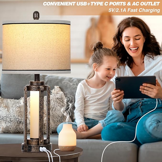 Farmhouse Lamps with USB A+C Charging Ports & AC Outlet, Rustic Vintage Industrial Table Lamps Metal Lamp with Glass LED Night Light & Beige Fabric Shade for Living Room Bedrooms Nightstand Bronze - Bloomnest