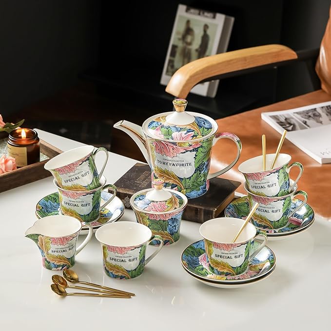 ACMLIFE Tea Cup and Saucer Set for 1, Vintage Floral Bone China Tea Cup Set with Saucer 24K Gold, Porcelain Tea Cup with Spoon and Gift Box, 6.8 oz (Green) - Bloomnest