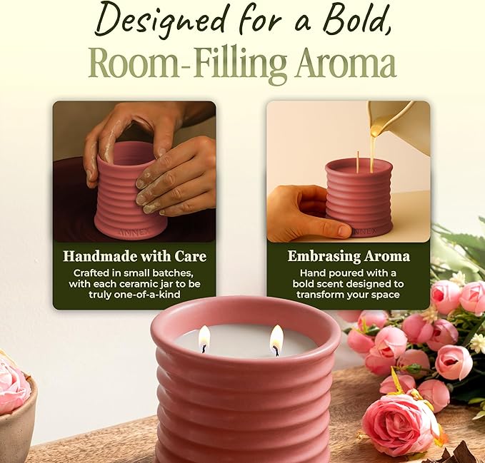 Scented Luxury Candles in Handmade Ceramic Jars, Soy Wax | Canal Rose – Rose Bud & Oud Scented, Large Candle | Non Toxic, 2 Wicks, Reusable Big Pink Jar | Natural Spring Aromatherapy for Women & Men - Bloomnest
