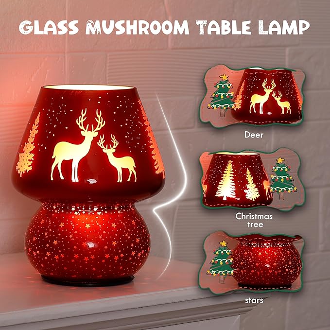 Christmas Battery Operated Mushroom Lamp - Vintage Small Table Lamp with Timer, Cordless Bedside Nightstand Lamp, Glass Battery Powered Lamp for Bedroom Kitchen Living Room Decor Aesthetic - Bloomnest