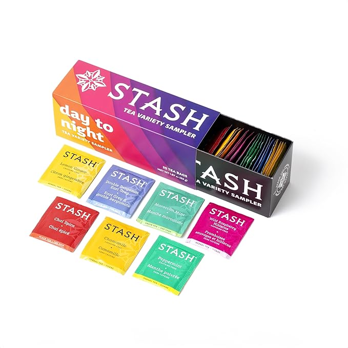 Stash Tea Day to Night Tea Sampler - Assorted Specialty Tea Gift Set, High to No Caffeine, 7 Flavors, 35 Tea Bags - Bloomnest