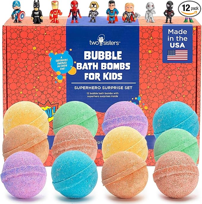 Superhero Boys Bath Bombs with Surprise Hero Toys Inside (12 Pack) - Large Bubble Bomb, Fruity Scents, Relaxing Aromas - Ideal Birthday Gift for Kids by Two Sisters - Bloomnest