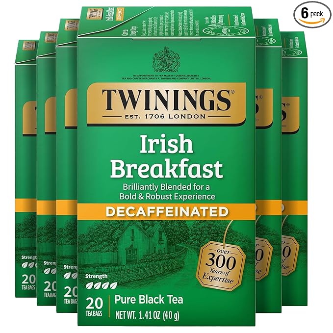 Twinings Decaffeinated Irish Breakfast Black Tea Individually Wrapped Bags, 20 Count (Pack of 6), Flavourful, Robust, Enjoy Hot or Iced, 120 Teabags - Bloomnest