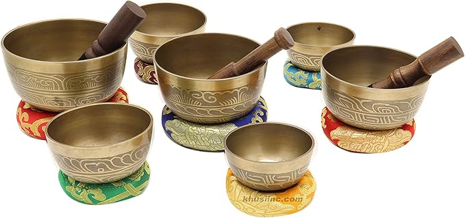 Singing Bowl Set of 7, Thadobati Design Himalayan Sound Bowl, Handcrafted, Hand hammered, Comes w/silk cushions, 3 sticks, Buddhist card, Brocade Box Ideal for Meditation, Yoga, Mindfulness Healing - Bloomnest