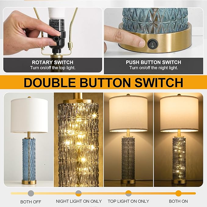 Oneach 27.75” Table Lamps Set of 2, Blue Modern Bedside Lamp with LED Night Light, USB A+C, Glass Lamps for Living Room, Bedroom, Nightstand, Office, End Table (2 Bulbs Included) - Bloomnest