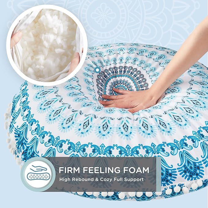 Codi Meditation Floor Pillow, Round Large Pillows Seating for Adults, Bohemian Mandala Circle Cushion for Outdoor Fireplace Yoga Living Room, 32 Inch, Memory Foam Added, Aqua - Bloomnest