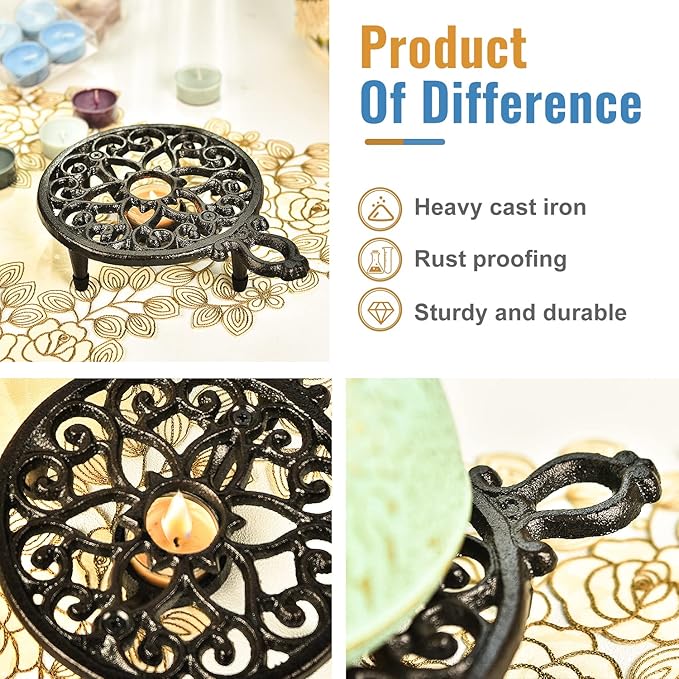 Sungmor Cast Iron Teapot Warmer Dish Cups Heater Pot Trivet - Rustic & Graceful Pattern Design with Tealight Holder - Heavy Duty & Decorative Candle Holder Stands for Heat Food Coffee Milk or Tea - Bloomnest