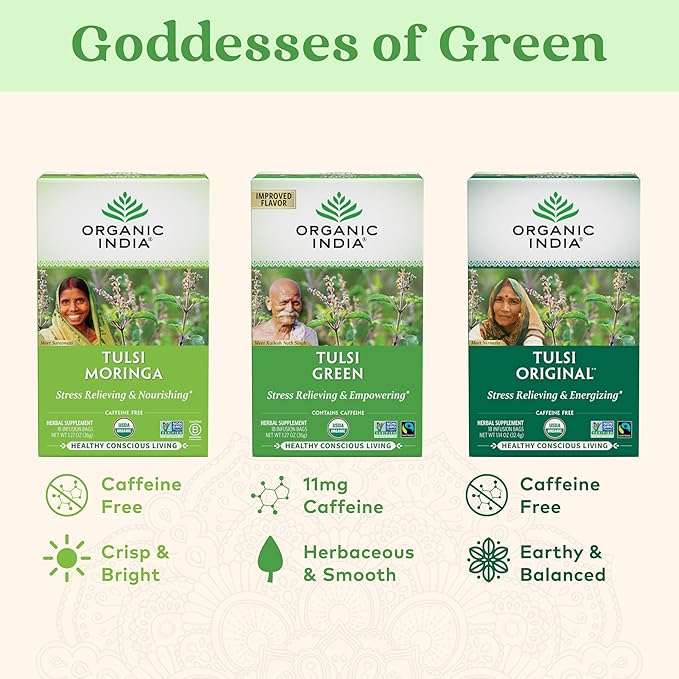 Organic India Tulsi Green Tea Bags - Holy Basil Tea, African Basil, Stress Relieving, Immune Support, USDA Certified Organic, Premium Darjeeling Green Tea, Caffeinated - 18 Infusion Bags, 6 Pack - Bloomnest