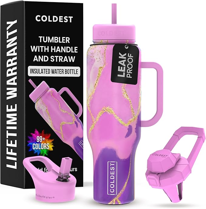 Coldest Tumbler with Handle and Straw - 100% Leak Proof Insulated Tumbler with Lid and Straw (3 Lids) - Stainless Steel Tumblers for Women & Men - Cup Holder Friendly Base, 46 oz (Princess Luna) - Bloomnest