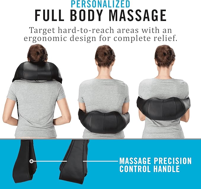 Daiwa Felicity Shiatsu Neck & Back Massager with Heat - Deep Tissue Pain Relief for Shoulder with 8 3D Kneading Nodes - Electric Full Body Massage, Ergonomic, Portable, Includes Power/Car Adapter