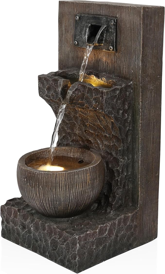 Alpine Corporation ZDQ108 Indoor/Outdoor Floor 3-Tier Fountain with LED Lights, Cascading Garden Water Fountain, 20" H, Brown - Bloomnest