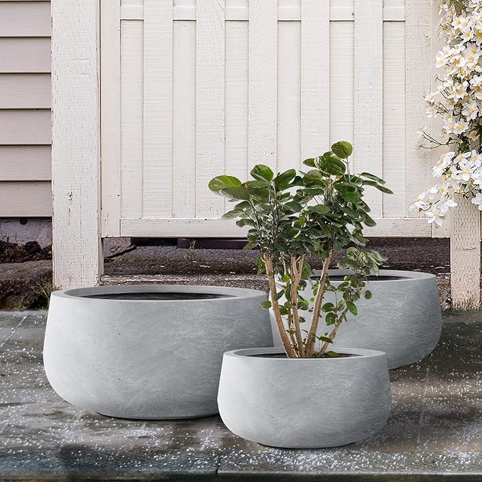 Kante 19.6",15.7",11.8" Dia Round Concrete Planters Set of 3, Cement Plant Pots with Drainage Hole and Rubber Plug for Outdoor Indoor Garden Home, Modern Curvaceous Design, Gray - Bloomnest