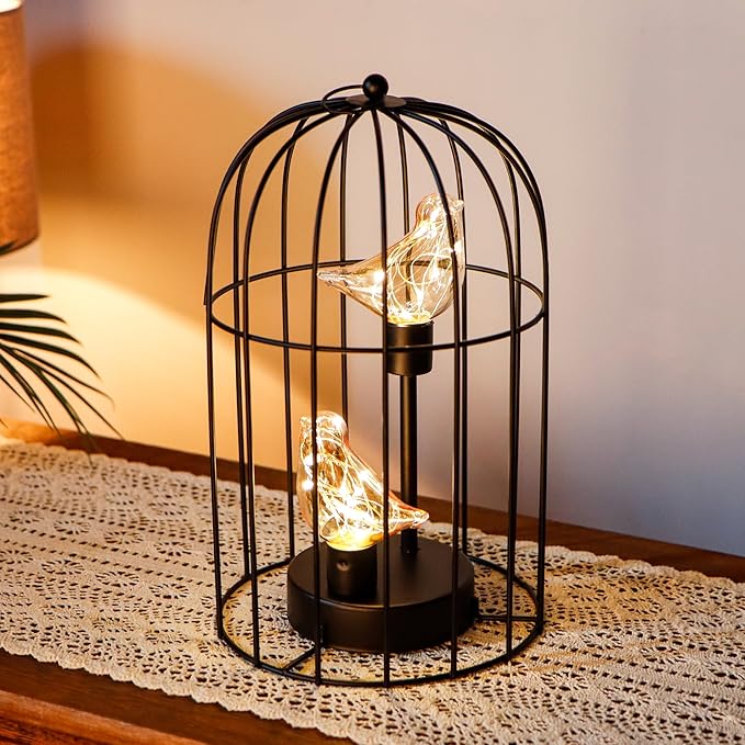 JHY DESIGN Birdcage Decorative Lamp Battery Operated 12" H Cordless Table Lamp with Warm White Fairy Lights Bird Bulb for Indoor Bedroom Living Room Home Wedding Xmas(Black) - Bloomnest