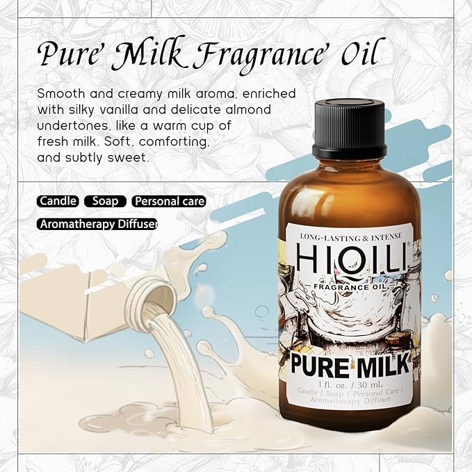 HIQILI Pure Milk Fragrance Oil for Home Diffuser, Ideal for Making Soap, Candles, Sugar Scrub, Skin & Body, Pet Safe - 1 Fl Oz - Bloomnest