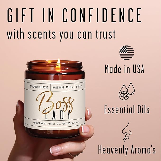 Boss Lady Gifts for Women - Soy Candle, w/Vanilla, White Coconut & Vetiver I Best Boss Gifts for Women/Girl/Female I Bosses Day Gift I 9oz Jar, 50Hr Burn Time, Made in USA - Bloomnest