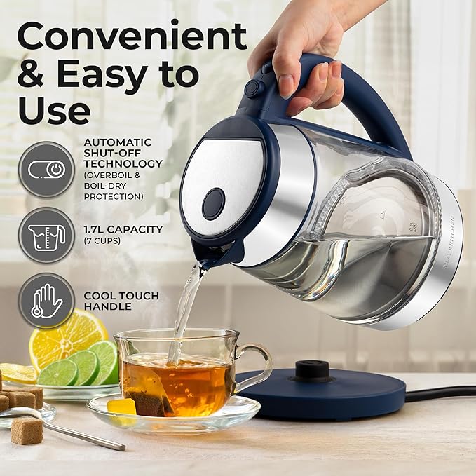 Zulay Kitchen Fast Boiling Electric Water Kettle - 1.7L, 1500W, Auto Shut-Off for Overboil & Boil Dry Protection, Cool-Touch Handle, 360° Base - Rapid Teapot Boiler For Coffee & Tea - Navy - Bloomnest