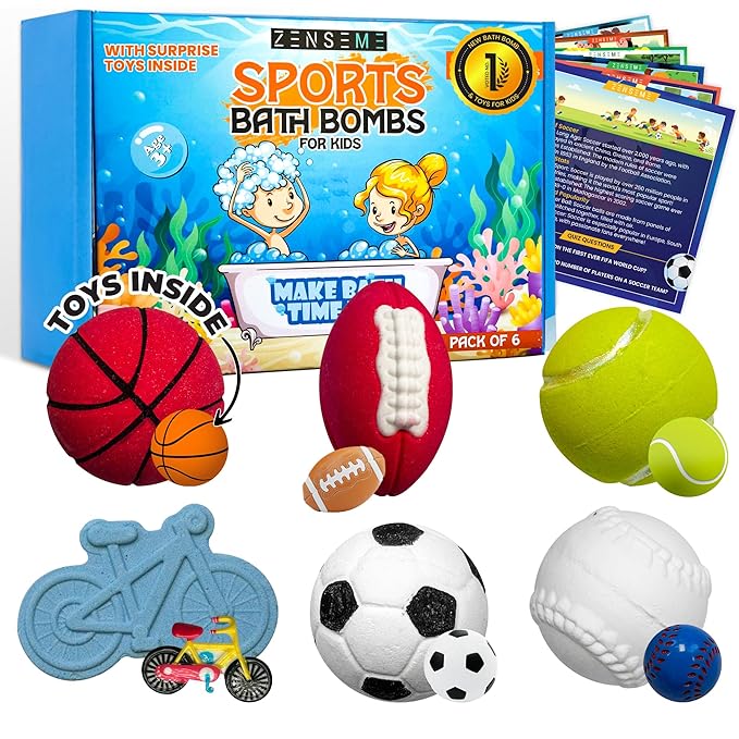 Bath Bombs for Boys W/Educational Flash Cards - Bathbombs with Toys Inside - 2.5 oz Gift Set of 6 Scented Organic Handmade with Natural Essential Oils - Sports Surprise Inside by Zenseme - Bloomnest