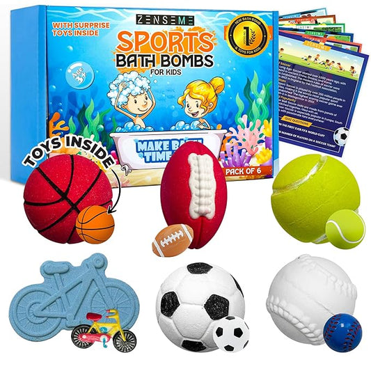 Bath Bombs for Boys W/Educational Flash Cards - Bathbombs with Toys Inside - 2.5 oz Gift Set of 6 Scented Organic Handmade with Natural Essential Oils - Sports Surprise Inside by Zenseme - Bloomnest