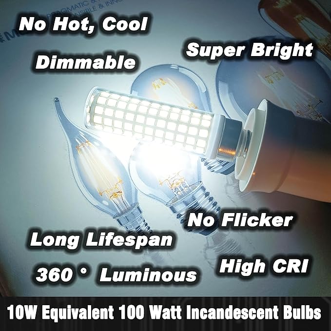 Dimmable E12 C7 LED Candelabra Light Bulb 10W Equivalent 100W 6000K Daylight White 1000 Lumen E12 T6 LED Candle Bulbs for Home Decorative Ceiling Fan Chandelier Pendant Lighting Salt Lamp,3Pack - Bloomnest