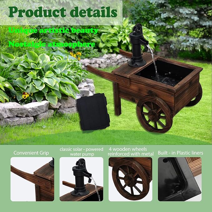 Carbonized Wood Outdoor Freestanding Fountain - Movable Vintage Hand Pump Cart, Solar-Powered Electric Decorative Water Feature for Patio, Garden & Indoor Decoration - Bloomnest