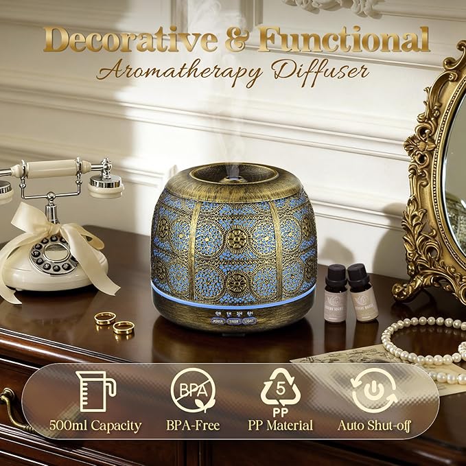 ARVIDSSON Essential Oil Diffuser, 500ml Aromatherapy Diffuser for Home, Ultrasonic Diffusers for Essential Oils, Metal Oil Diffuser with Mist Timer and Color Mood Light, Gift for Women and Men - Bloomnest