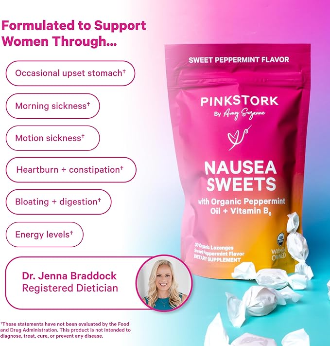 Pink Stork Organic Peppermint Sweets for Morning Sickness and Motion Sickness Support, Added Vitamin B6, 1st Trimester Pregnancy Must Haves - 30 Wrapped Peppermint Candies - Bloomnest