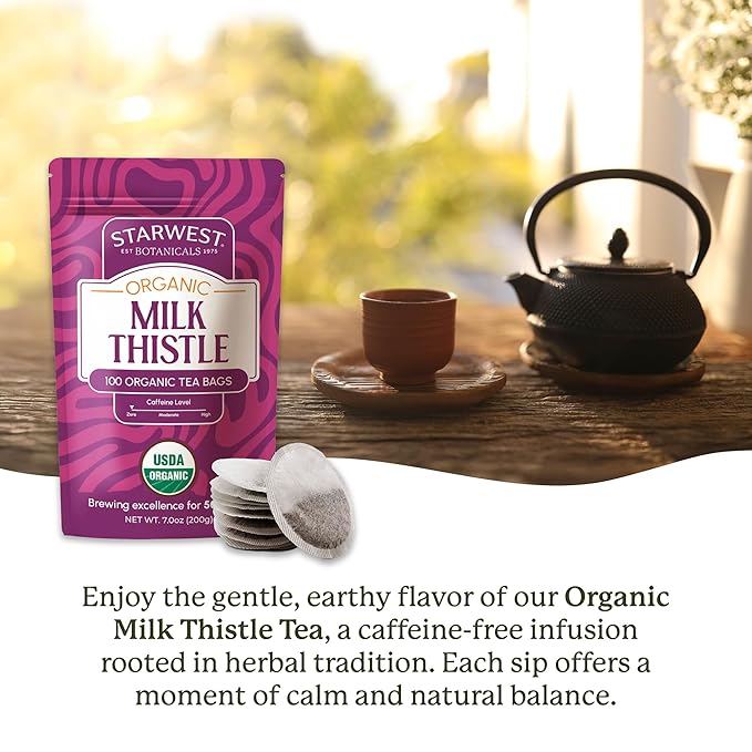 Starwest Botanicals Organic Milk Thistle Seed Tea - Caffeine Free Herbal Tea, Promotes Calm, USDA Organic Milk Thistle Seed, String Free Sachets, Non GMO - Bulk Pack, 100 Tea Bags - Bloomnest