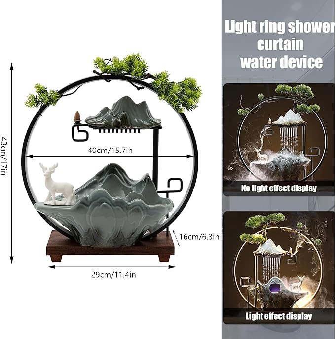 17In Water Fountains Indoor Tabletop Water Fall Humidifier W/LED Light & Atomizer Mist, Zen Decor Meditation Japanese Decor Fake Plants Feng Shui Decor Festival Birthday Gift Good Luck Wealth - Bloomnest