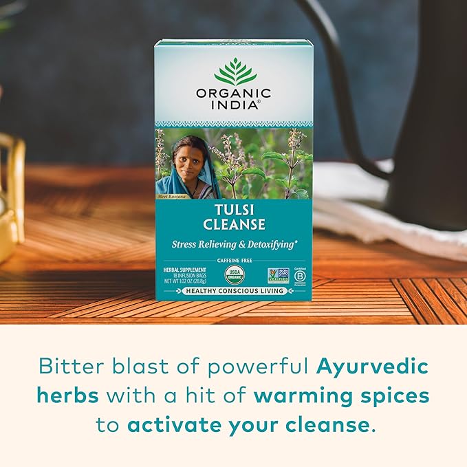 Organic India Tulsi Cleanse Detox Tea - Holy Basil, Ginger, Turmeric, Herbal Tea, Stress Relieving & Cleansing, Immune Support, Adaptogen, Organic, Non-GMO, Caffeine-Free - 18 Infusion Bags, 6 Pack - Bloomnest